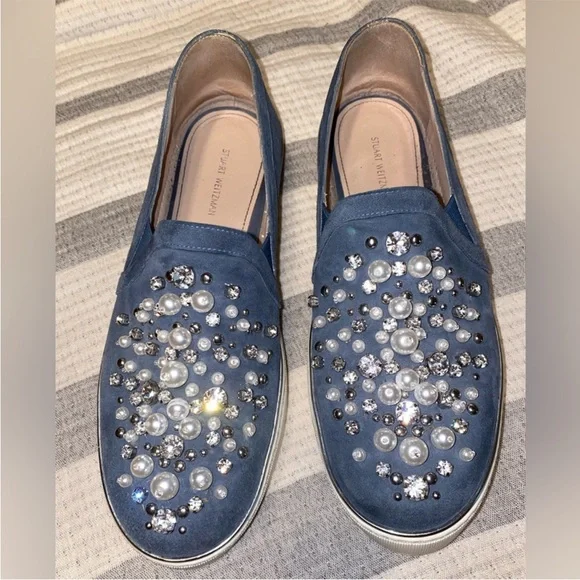 Stuart Weitzman Pearl Crystal Embellished Decor
White Platform Sneakers Slip Ons - Picture 11 of 14